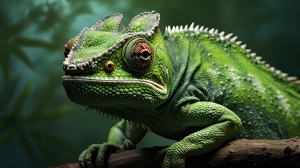 Obraz premium Close-up Vivid Green Chameleon on a Branch with Bokeh Background. Nature Wildlife