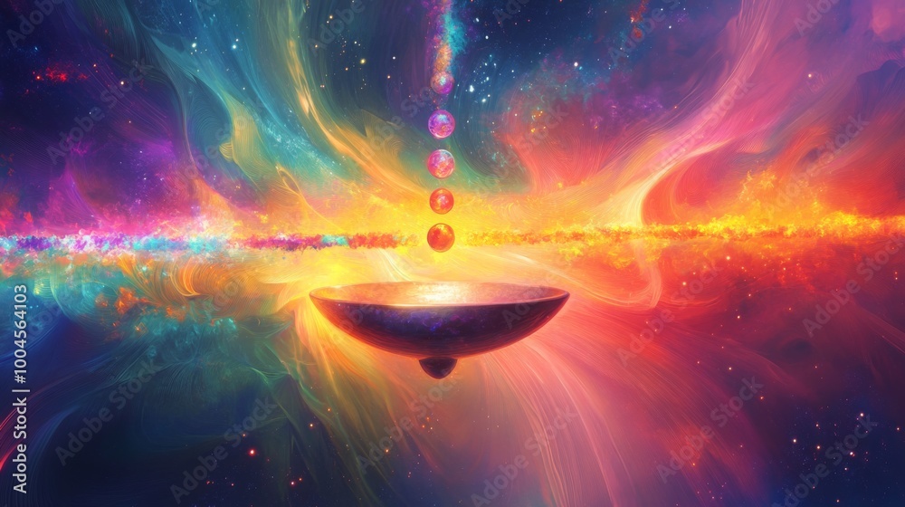 Aufkleber the image depicts a cosmic bowl glowing brightly, surrounded by a swirling array of colorful energy 