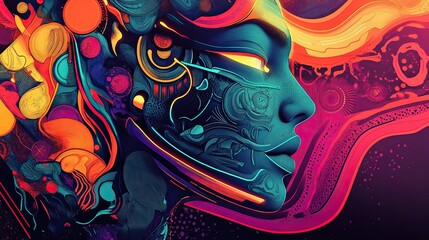 A colorful painting of a woman with a glowing face