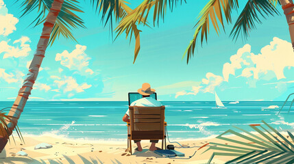 Fototapeta premium mobile office person on the beach working with laptop