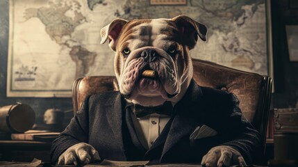 A white and brown bulldog wearing a black suit with a white shirt and black bow tie sits in a brown leather chair with a leather back