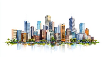 Fototapeta premium Colorful city skyline illustration with modern skyscrapers and buildings reflected in water, isolated on a white background.