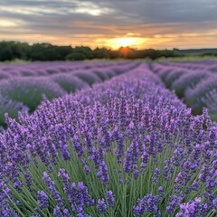 Fototapeta premium A field of lavender flowers with a sunset in the background