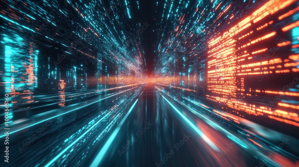 Poster generative ai : digital data flow on road with motion blur to create vision of fast speed transfer