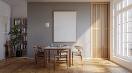 Fototapeta premium A simple dining room with a white poster, a table and chairs, a wooden divider, grey walls, a bookshelf, and hardwood floors. The design is minimal and modern.