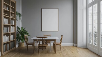 Fototapeta premium A simple dining room with a white poster, a table and chairs, a wooden divider, grey walls, a bookshelf, and hardwood floors. The design is minimal and modern.