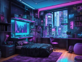 Beautiful cyberpunk interior, teen's room