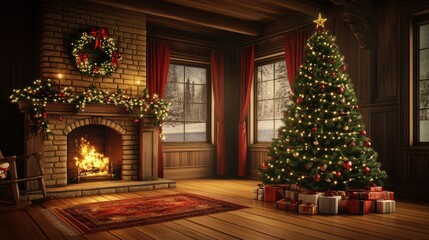 Fototapeta premium Holiday able with christmas tree and fireplace. with copy space