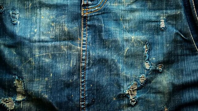 A close-up of worn blue denim with a seam and multiple tears
