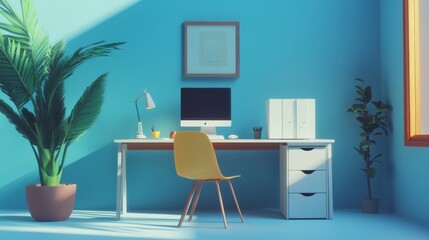 A simple office setup: a desk, a chair, and a white computer. The scene is rendered in 3D, with a blue background.