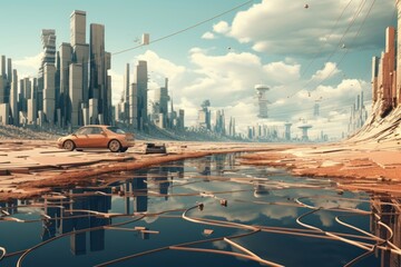 Obraz premium Chrome empty city car architecture landscape.