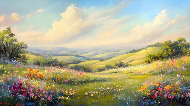 A serene impressionistic landscape painting featuring rolling pastel colored hills vibrant wildflowers in bloom and wispy clouds drifting overhead in a soft natural lighting