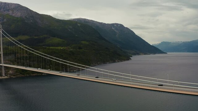 Hardanger suspension bridge in Norway Aerial view. One of the longest suspension bridges in the world
