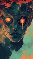 A woman's face with glowing eyes and a glowing red eye