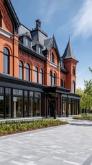 This stunning red-brick house features elegant black trim and windows, surrounded by blooming gardens in a serene Toronto neighborhood, showcasing classic architectural beauty