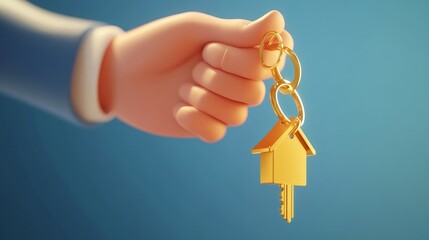 3D cartoon hand holding golden house keys for a mortgage loan Hand holding keys with a golden house keychain Real estate agents handing over keys Rent housing banner template 3D vector