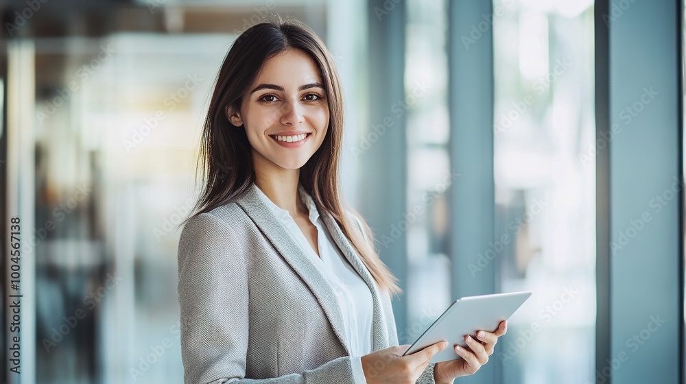 Poster Professional Woman Holding Tablet in Modern Office