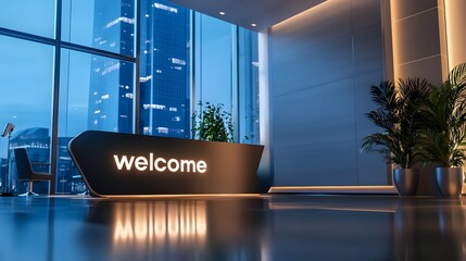 Modern reception desk with sleek design and a glowing welcome sign in a luxurious business environment