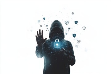 A hacker in a black hoodie holding up their hand with a digital padlock and cyber network on a white background There are various icons representing security Generative AI
