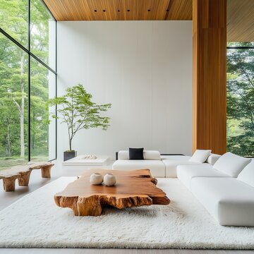Minimalist living room with large windows, natural wood coffee table, and white modern sofa. Interior mockup with clean walls for pictures, posters, paintings, sculptures, and other wall art.