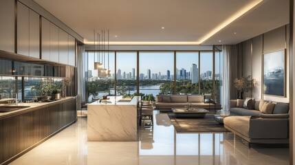 A spacious apartment with a modern design, showcasing the kitchen.