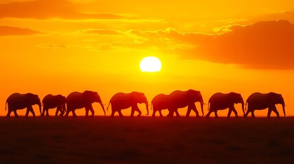 Obraz premium A herd of elephants walking across a field at sunset