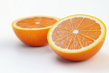 Fresh orange sliced in half, showcasing bright orange segments against a white background.