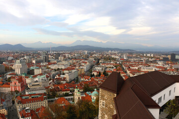 Aerial view of central Ljubljana, capital of  Slovenia, from Ljubljana Castle. Autumn in the picturesque city.