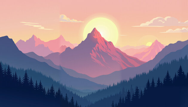 Mountain peak view landscape with sunrise soft light. Flat 2d vector illustration background. Arcade gaming style