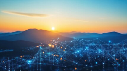 Naklejka premium Digital Network over Mountain Landscape at Sunset