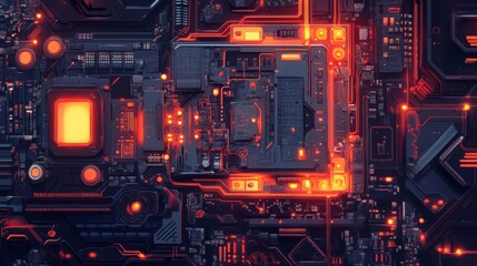 Fototapeta premium Futuristic circuit board with glowing lights, showcasing advanced technology and intricate electronic components in a high-tech environment.