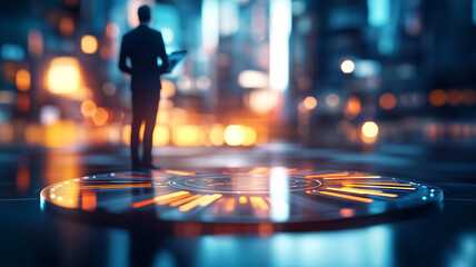 business professional stands in futuristic urban environment, analyzing performance metrics on digital interface. vibrant city lights create dynamic atmosphere, enhancing sense of innovation and