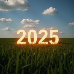 A glowing numeral 2025 floats above a serene field of green grass