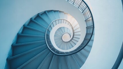 Fototapeta premium A spiral staircase seen from directly above. The staircase is made of steel and creates a circular pattern. It's a stylish design element for a home or building.