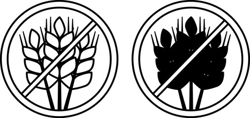 No Wheat Labels. Black and White Vector Icons. Gluten Free Food. Organic, Allergen Free. Cat's Food Properties. Food Packaging Sticker