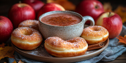 A cup of apple juice with cinnamon and doughnuts on the table, surrounded by apples in autumn.