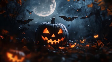 Halloween night with glowing jack-o'-lanterns in a spooky forest under a full moon, with bats flying in the background.