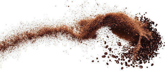 Captivating representation of coffee powder as it gracefully falls from above, emphasizing texture and motion.