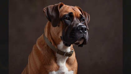 Close-up portrait of a large Boxer dog with a serious expression on a dark background