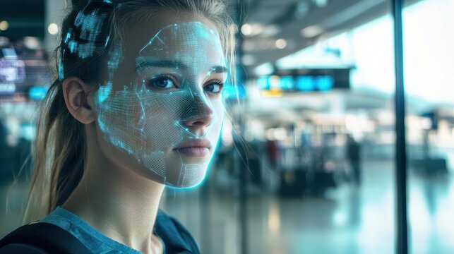 Woman at airport uses future facial recognition technology, depicted by digital face map overlay, symbolizing futuristic travel security