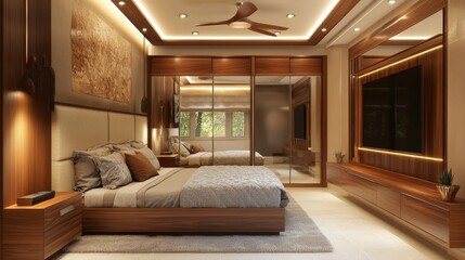 A stylish bedroom with a comfortable big bed, a TV for relaxing, and a wardrobe with sliding doors made of wood and mirrors.