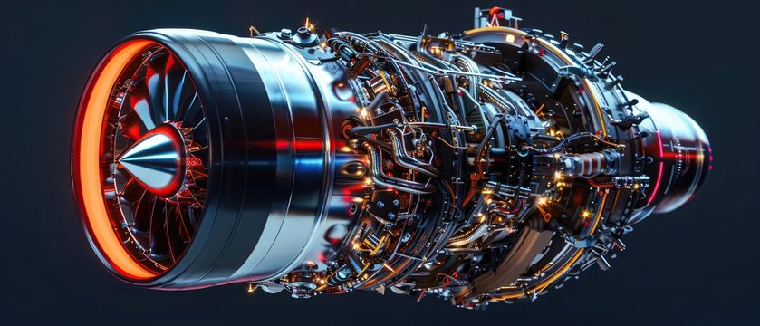 Advanced jet engine with intricate design, showcasing modern engineering and technology, isolated on a dark background.
