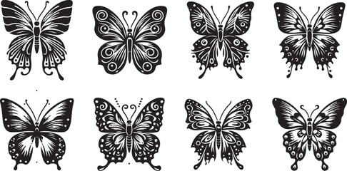 butterfly silhouettes. Outline butterflies romantic tattoo, tropical insects stencil. Summer and spring exotic symbols isolated vector set. Elegant wild flying moth of various shapes