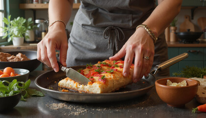 Female chef slicing freshly baked bread with vegetables in a rustic kitchen