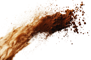 Vivid portrayal of coffee powder descending gracefully from above, isolated on a stark white backdrop.