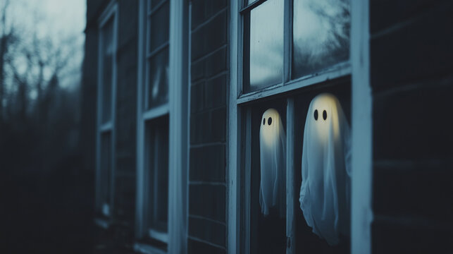 Ghosts Peering Through Window on Halloween Night