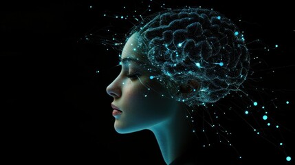 A futuristic profile of a woman with a digital brain overlay, representing technology and neuroscience innovation.