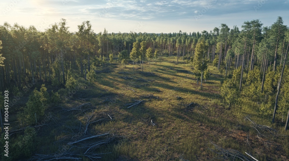 Poster A forest with a lot of trees and a field of grass