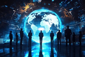 Global Vision: Silhouettes of a diverse team of business leaders stand united, bathed in the ethereal glow of a digital globe, symbolizing their global reach and interconnectedness.