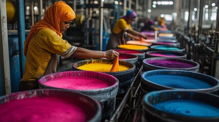 Workers dye vibrant fabrics in a textile factory during daylight, showcasing colorful dye pots and traditional craftsmanship